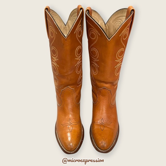 1980 RARE VINTAGE Frye Leather Pull On Brown Tan Embroidered Cowboy Western Boot - Picture 5 of 12